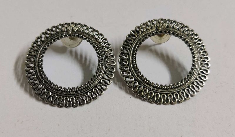 Designer Silver Tone Round Earrings