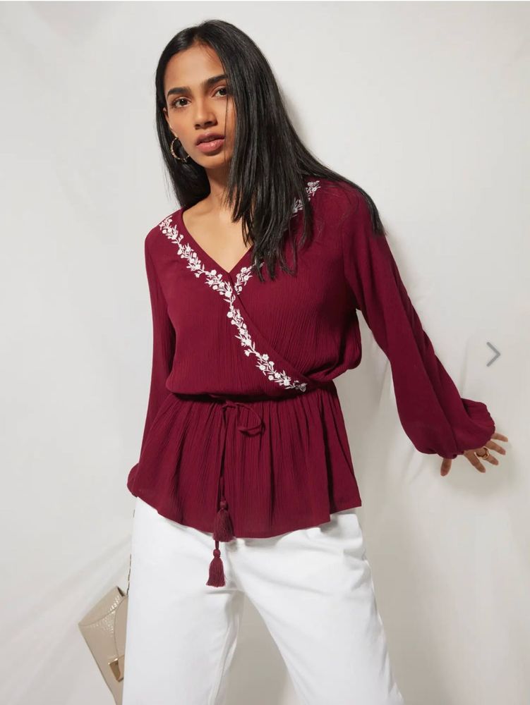 Westside Maroon Embroidered Peplum Top