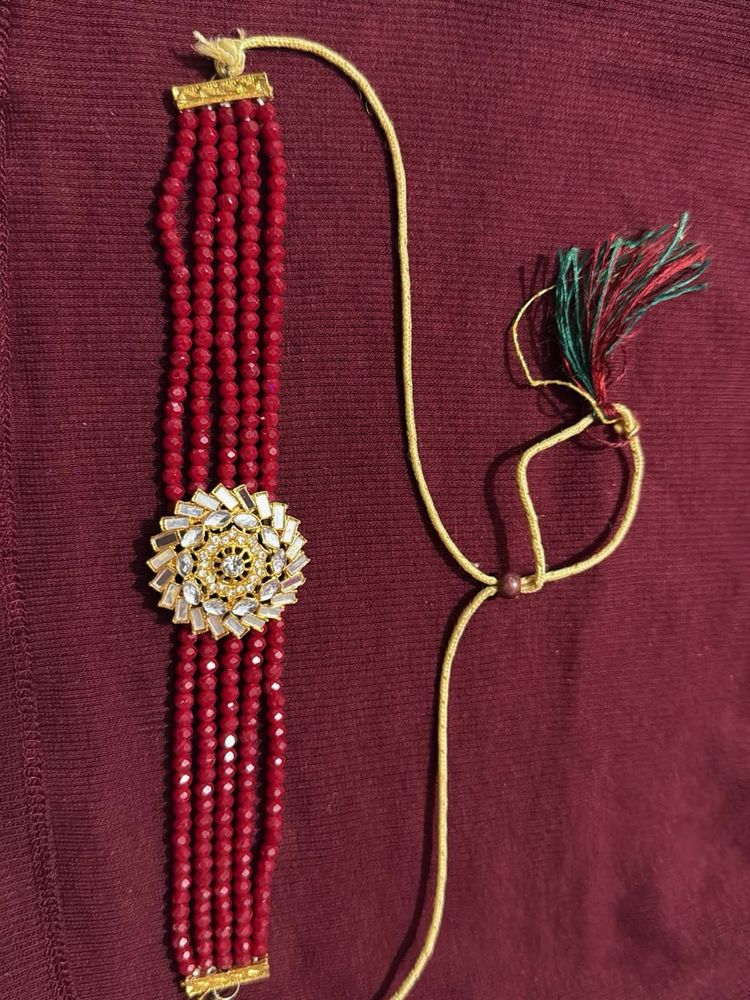 Red Beaded Choker with Sunstone Pendant