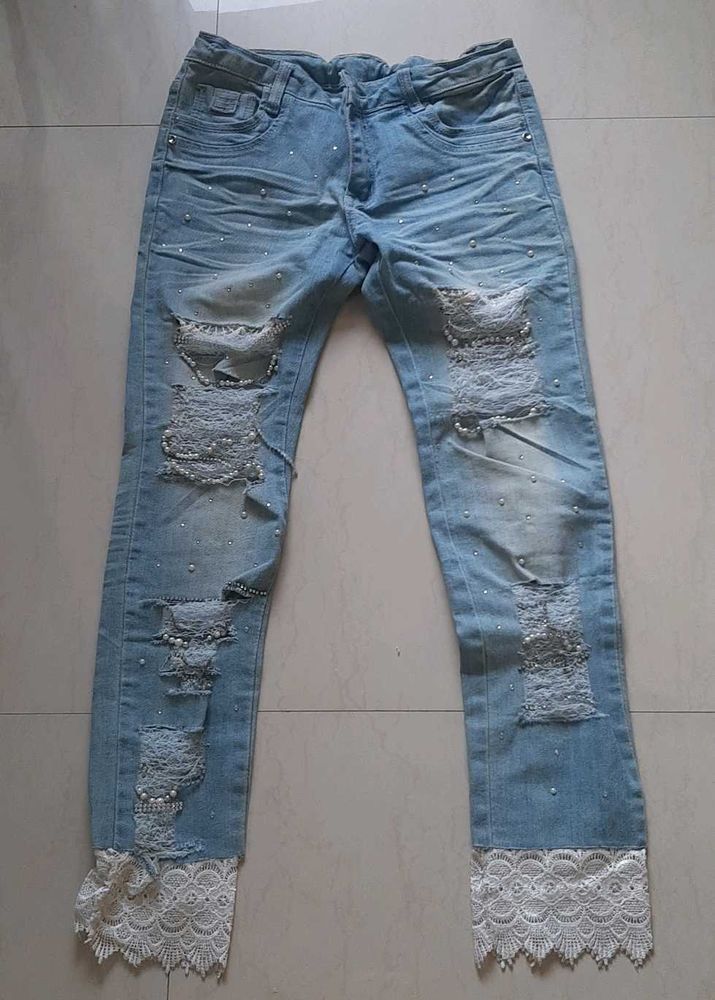 Distressed Jeans with Pearl &amp; Lace Detail