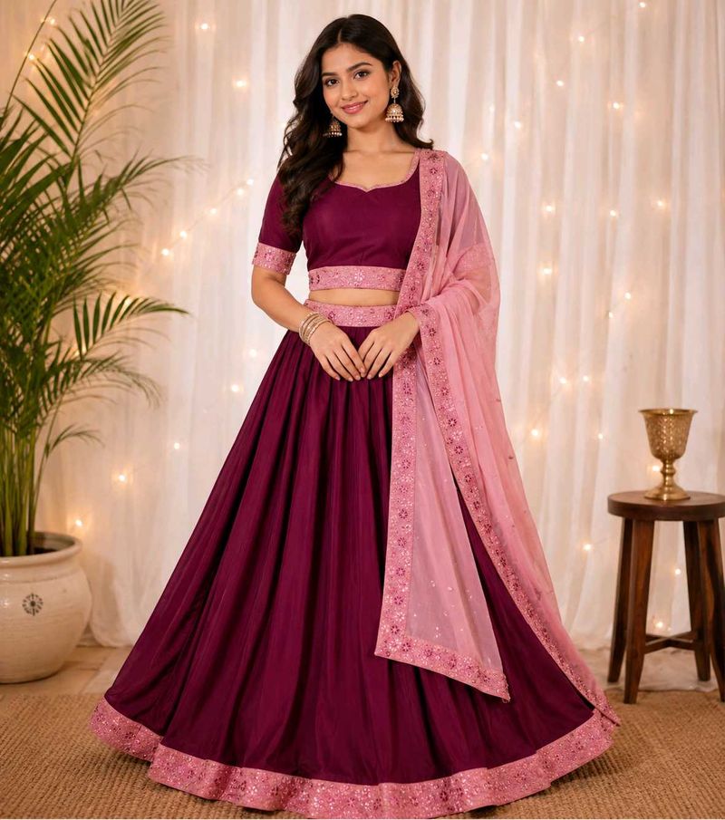 Maroon &amp; Pink Embroidered Lehenga Set
