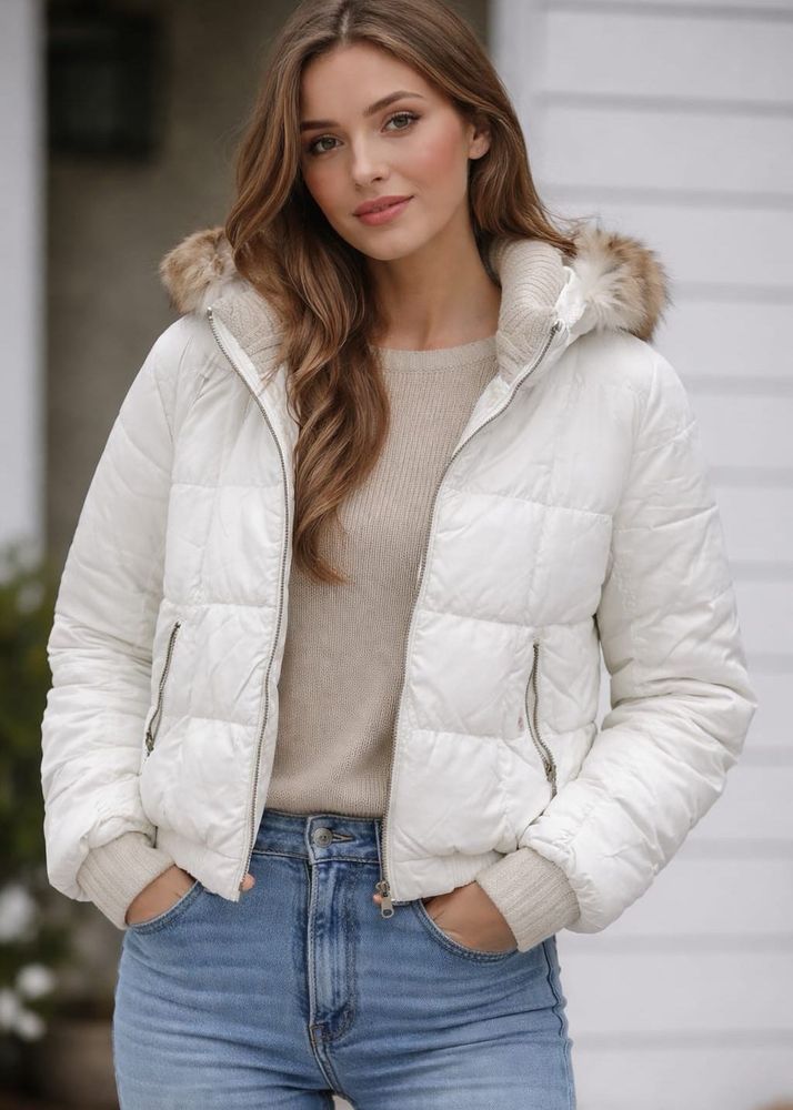 White Puffer Jacket with Faux Fur Hood