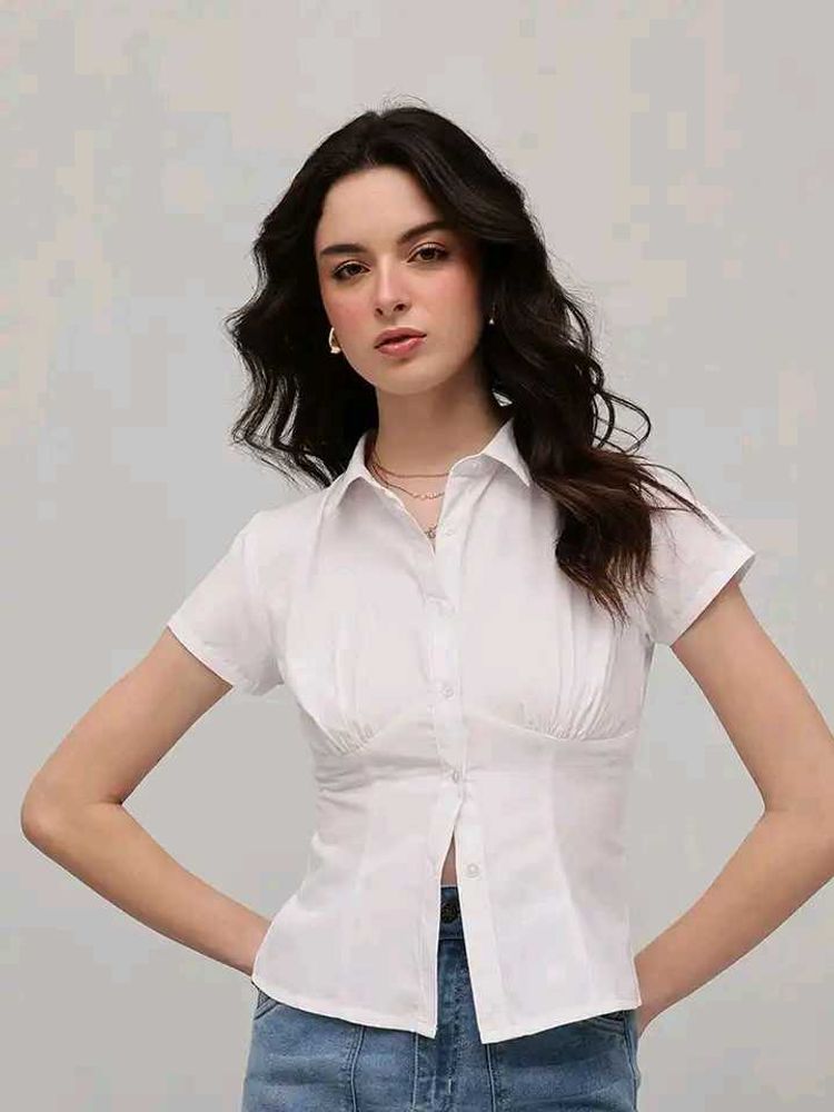 Classic White Short Sleeve Button-Up Top