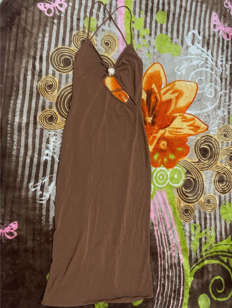 Brown Halter Neck Cut-Out Dress
