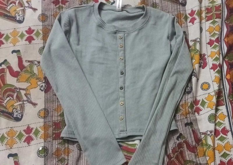 Ribbed Button-Up Long Sleeve Top