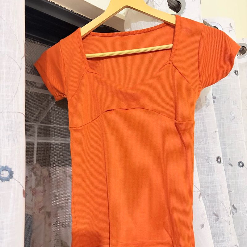 Orange Ribbed Square Neck Top