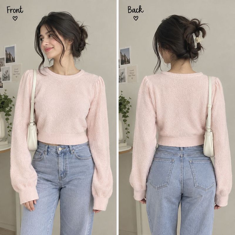 Cute Pink Puff Sleeve Cropped Sweater