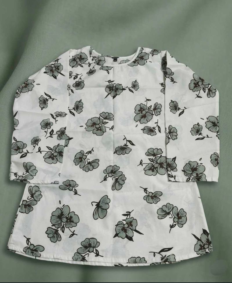 White Floral Print Kurta