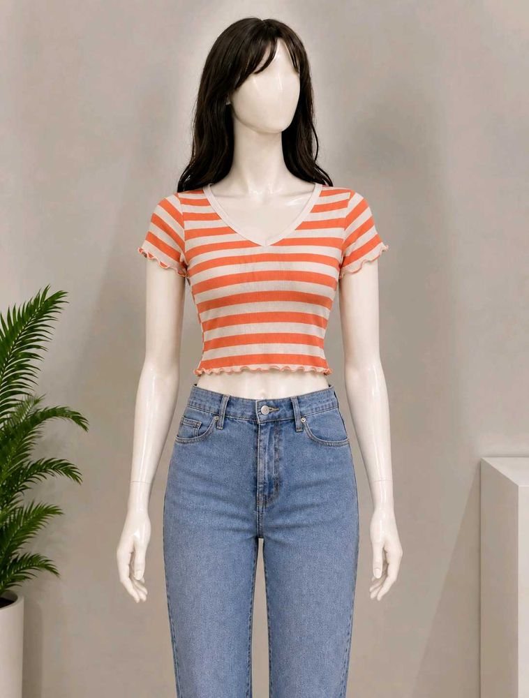 Orange and White Striped Cropped Top