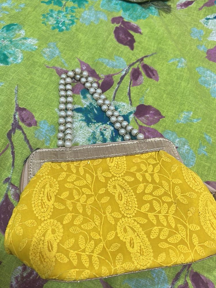 Yellow Embroidered Clutch with Pearl Handle
