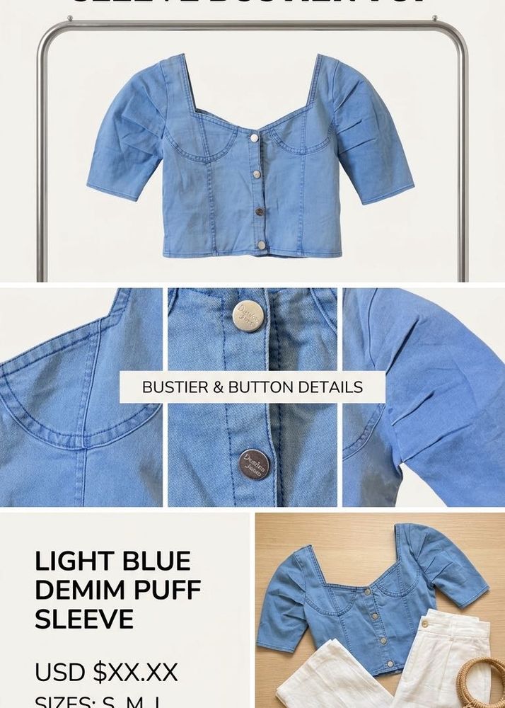 Light Blue Denim Puff Sleeve Bustier Top