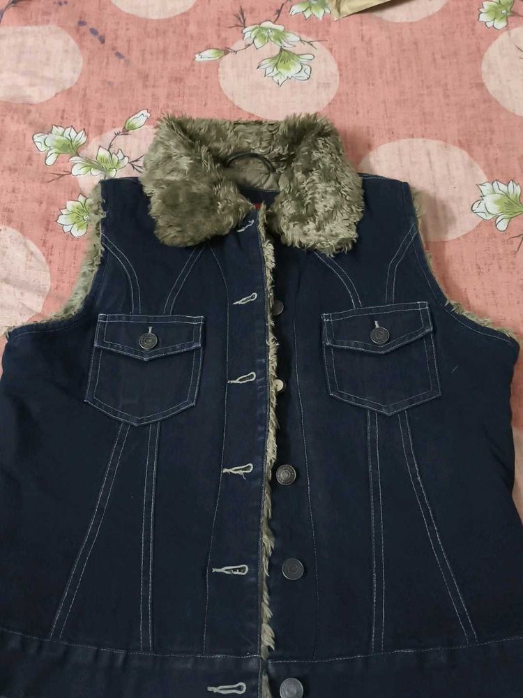 Denim Vest with Fur Trim