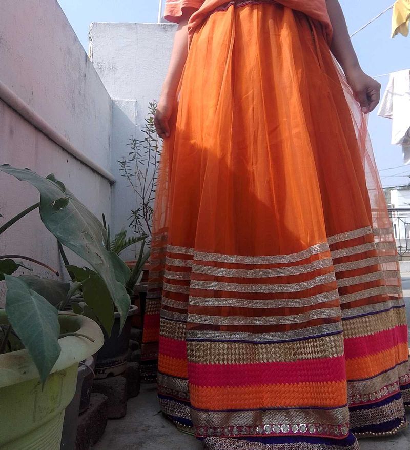 Vibrant Orange Tulle Skirt with Embellished Border
