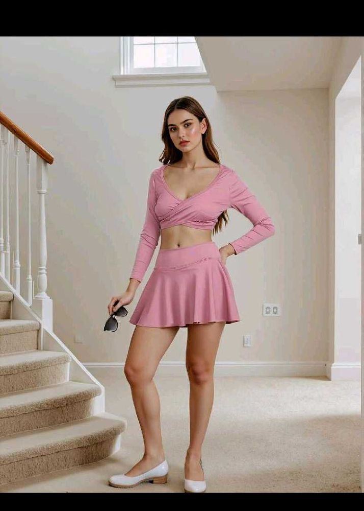 Chic Pink Long-Sleeve Crop Top &amp; Skirt Set