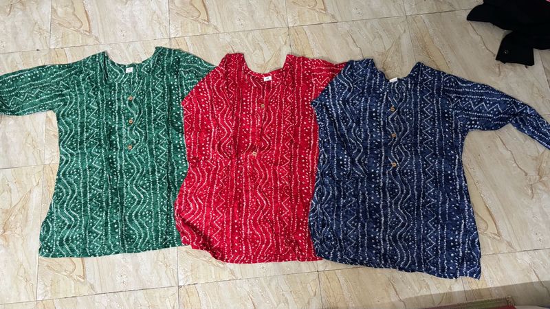 Set of 3 Cotton Bandhani Print Short kurti