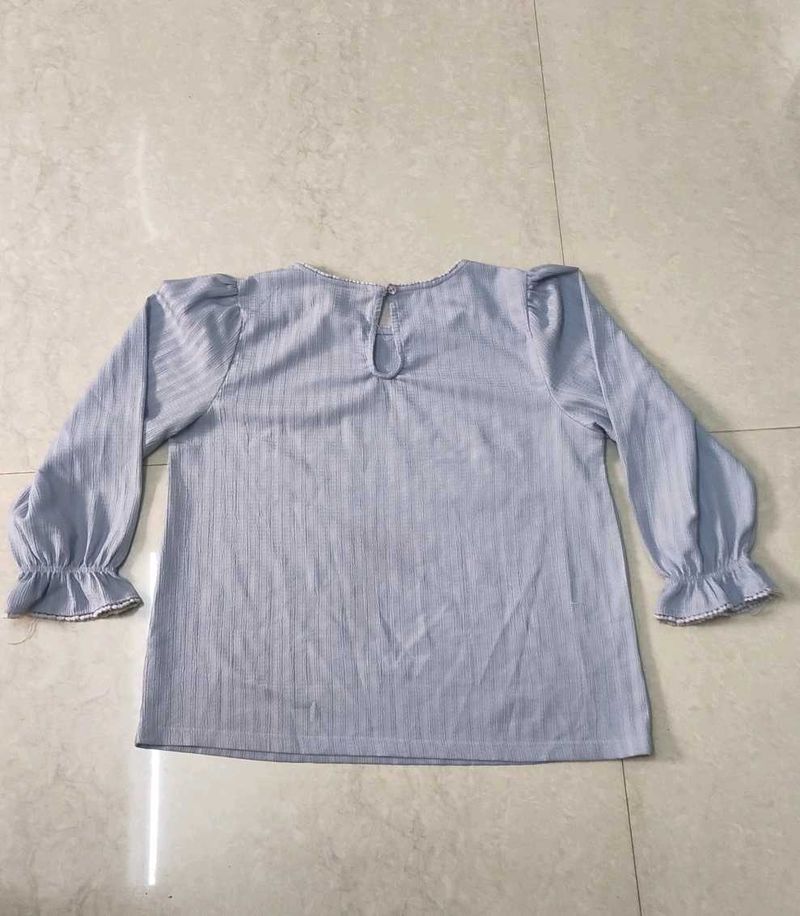 Cute Blue Striped Puff Sleeve Top