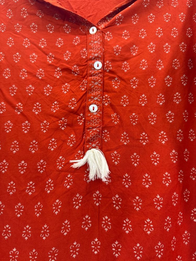 Orange Printed Kurta with Tassel Detail