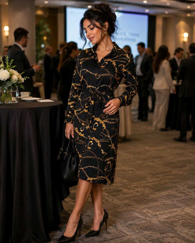 🖤👑 Luxury with the Royal Chain Print Shirt Dress
