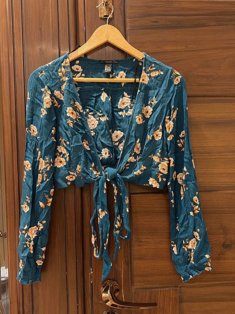 Teal Floral Tie Front Crop Top