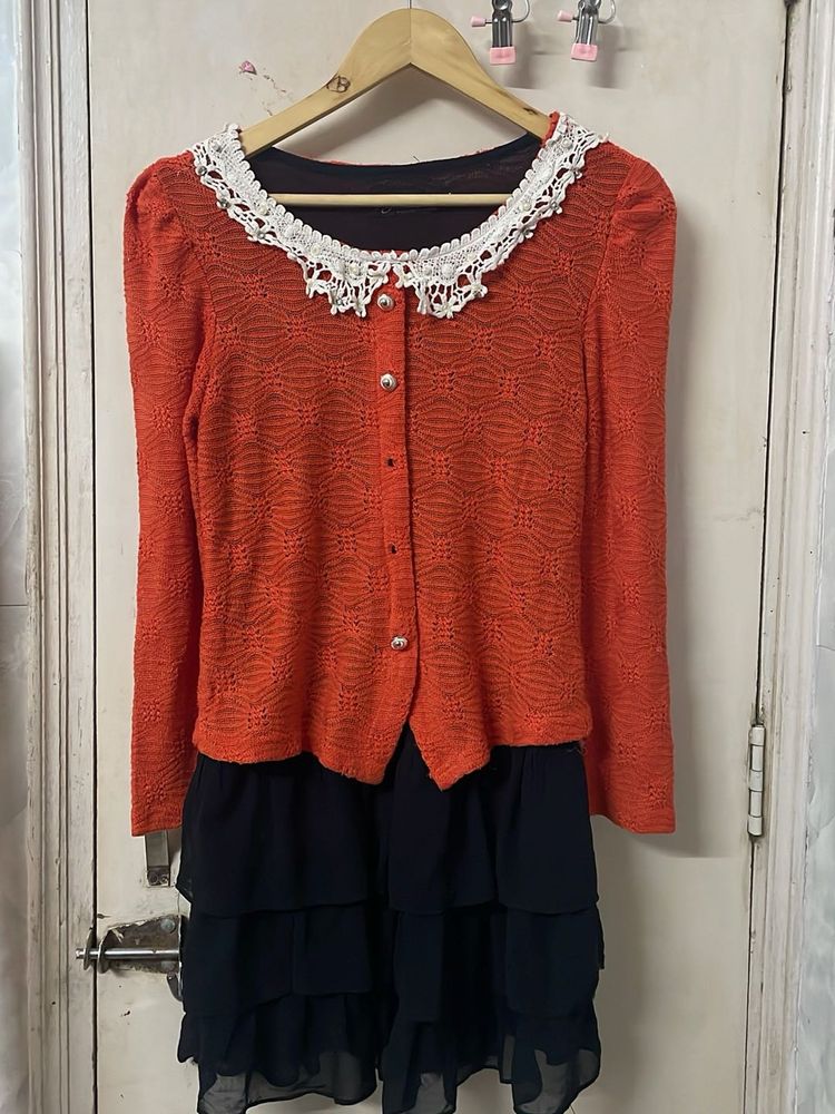 Orange Lace Collar Cardigan Dress