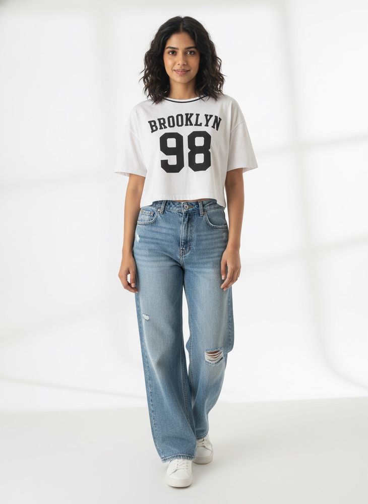 White Brooklyn 98 Cropped Boxy T-Shirt