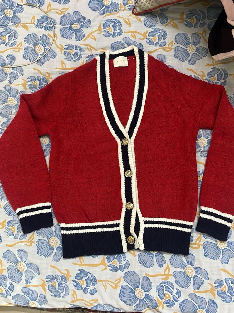 Red Cardigan with Navy Trim