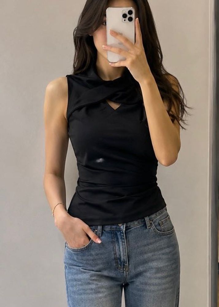 Chic Black Sleeveless Mock Neck Top