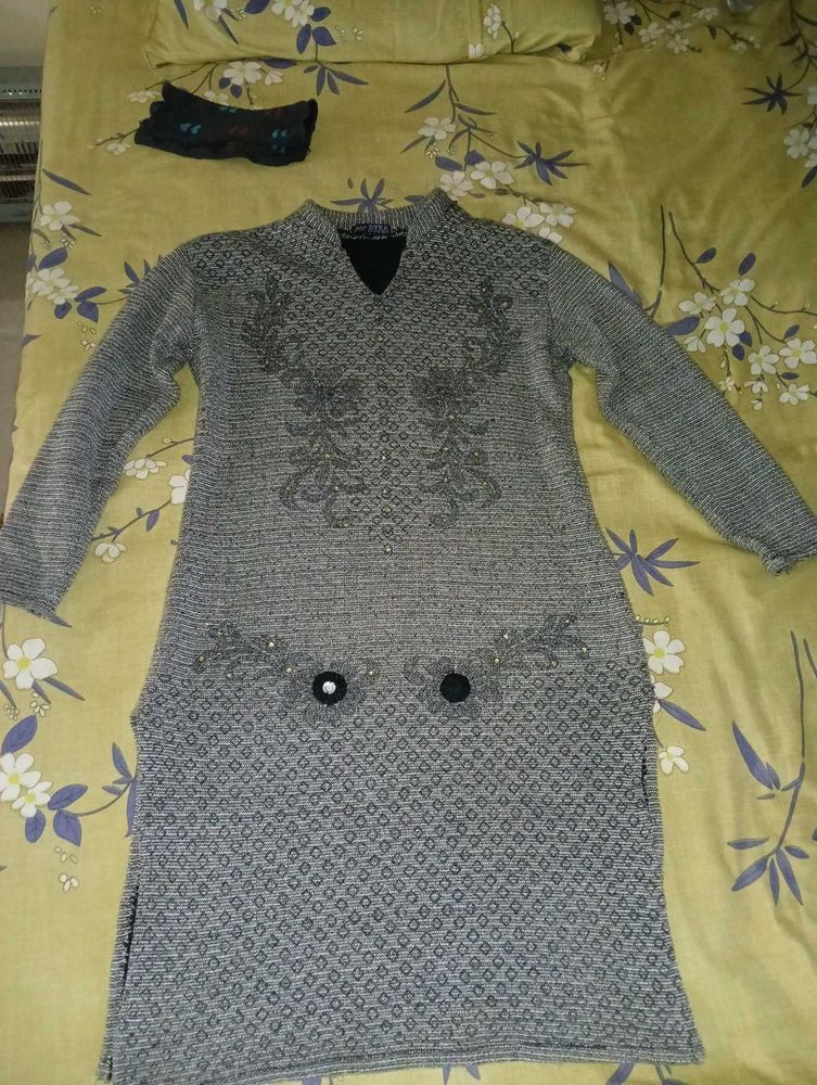 Gray Embroidered Sweater Dress