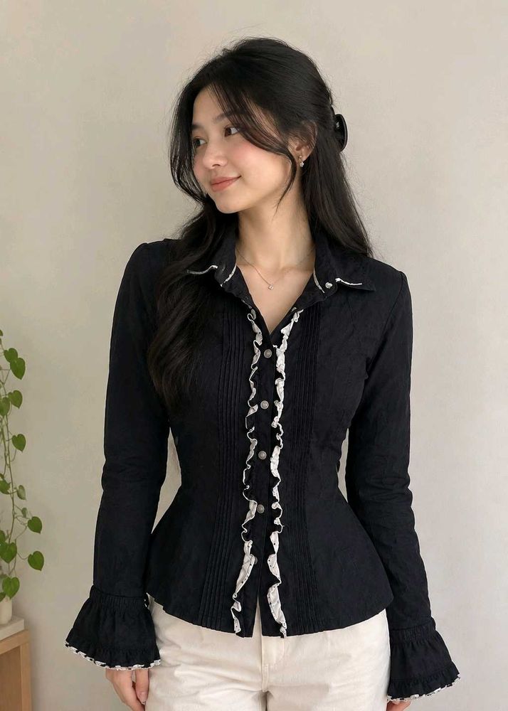 Elegant Black Ruffle Front Button-Up Shirt