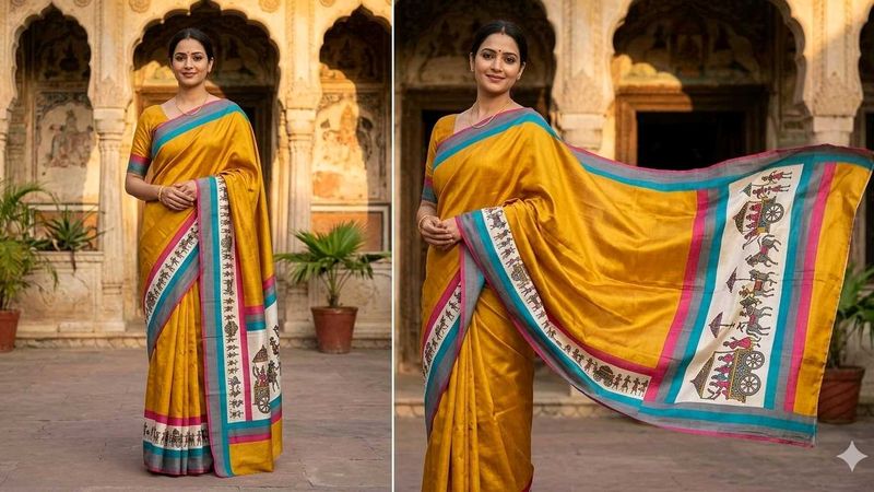 Elegant Yellow Silk Saree with Rajasthani Print