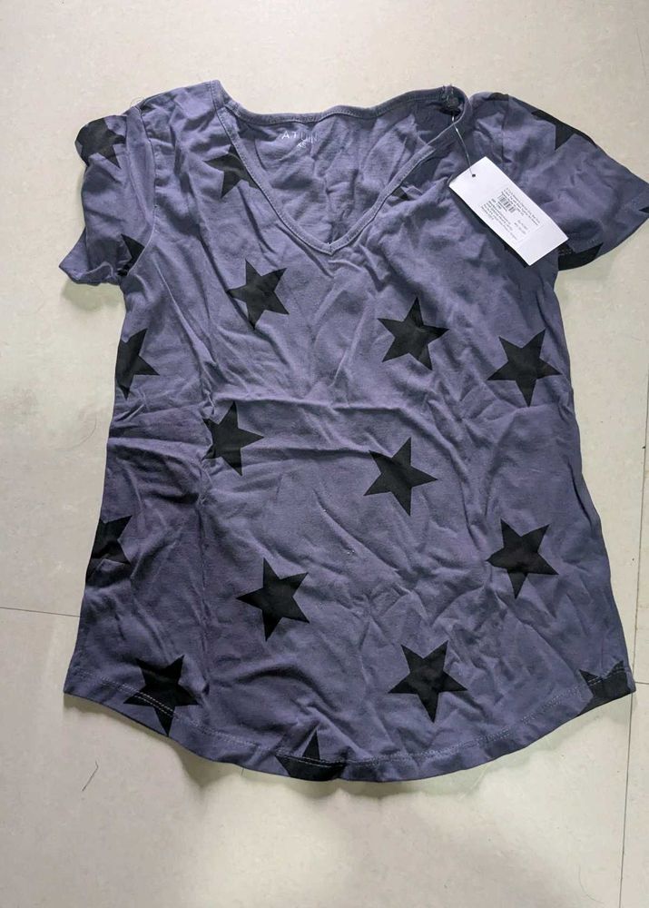 Grey Star Print V-Neck T-Shirt