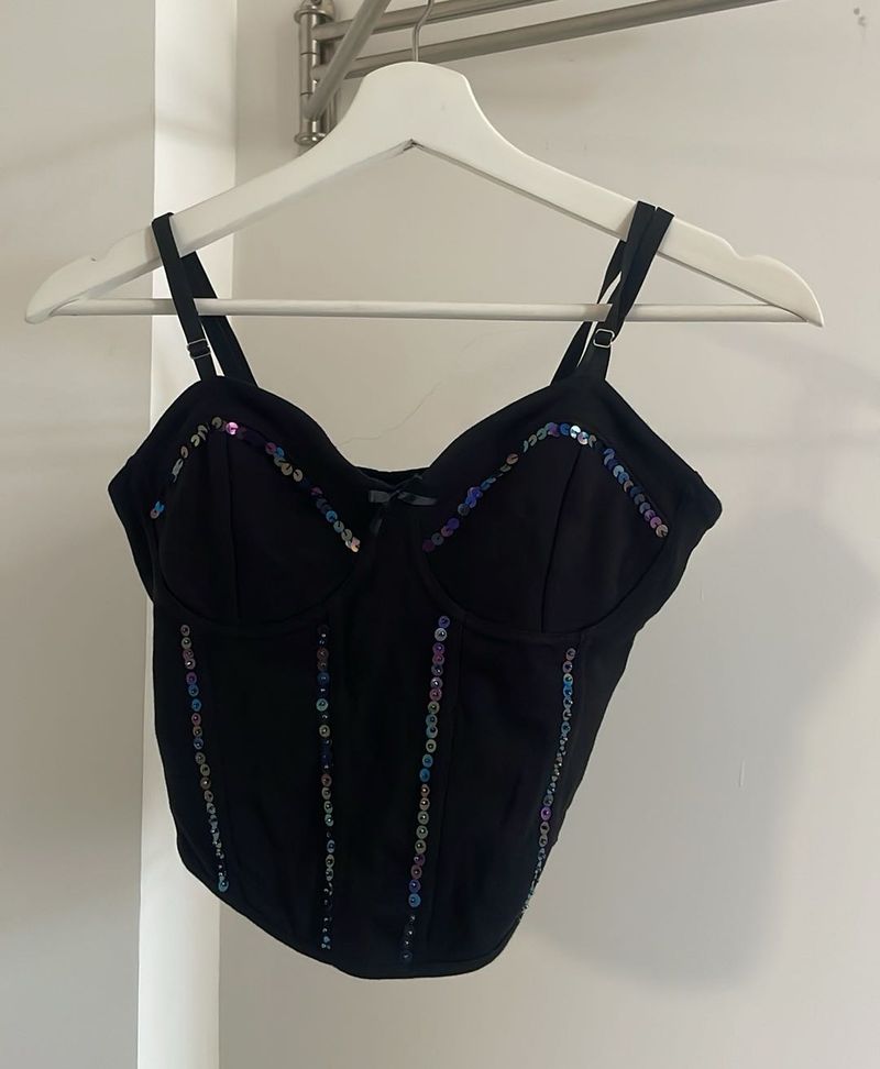 Sequin Embellished Black Corset Top