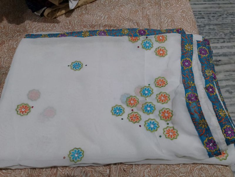 White Saree with Floral Embroidery