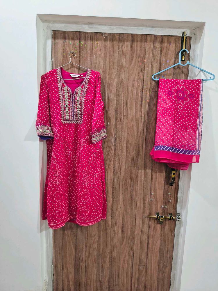 Biba Pink Bandhani Kurta Set with Dupatta