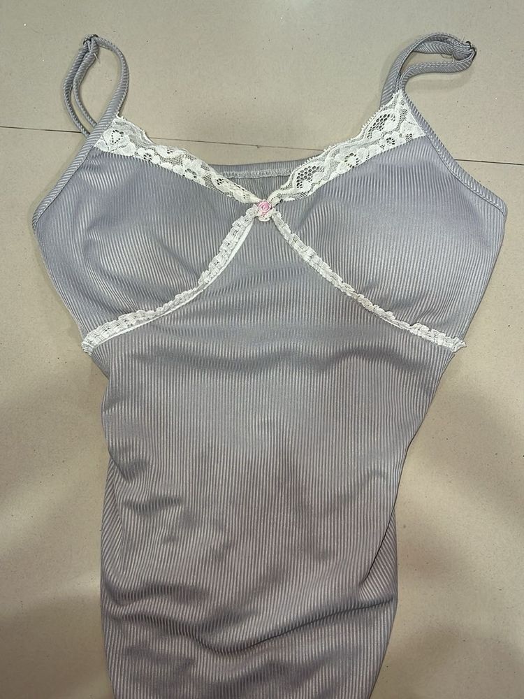 Gray Ribbed Camisole with Lace Trim