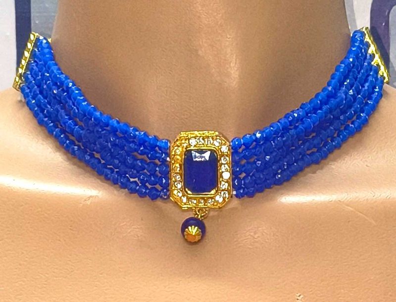 Royal Blue Beaded Choker Necklace