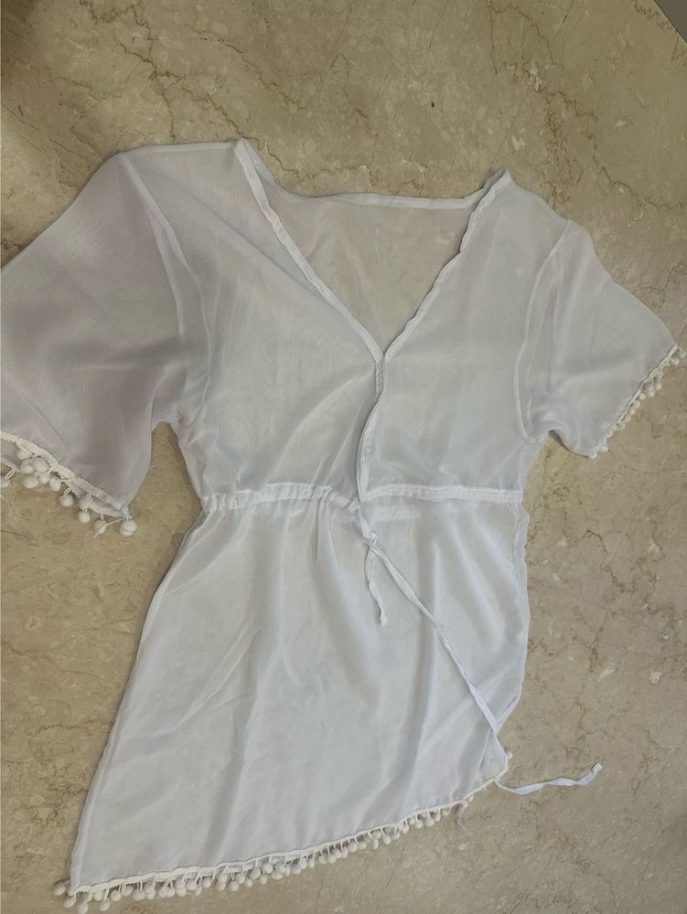 Sheer White Pom-Pom Swim Cover-Up