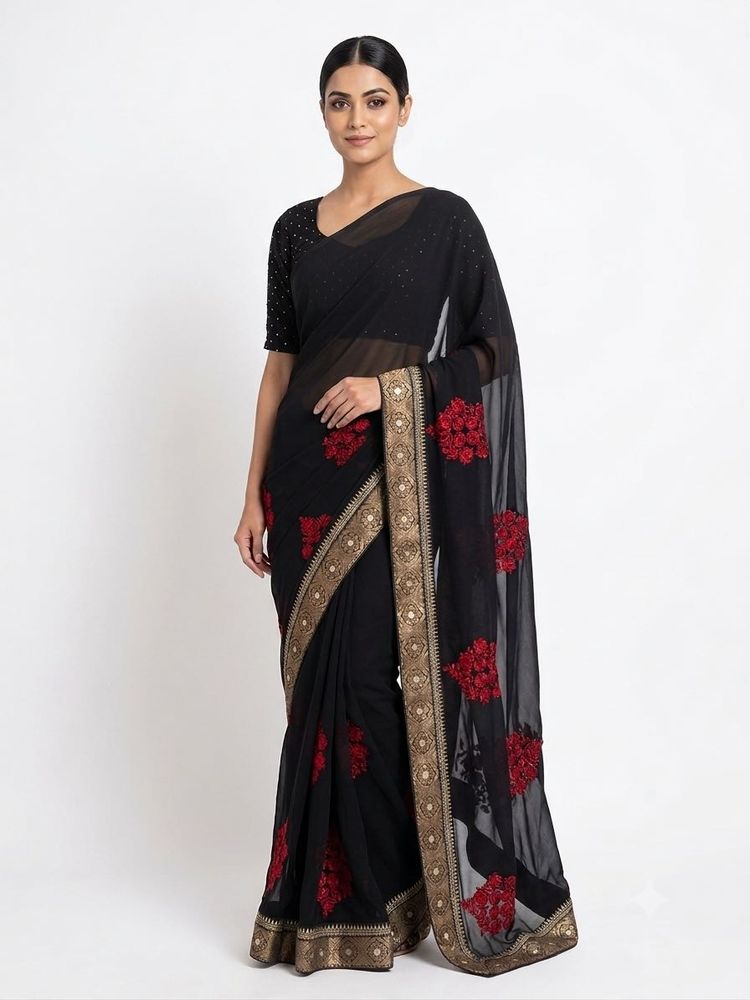 New Saree - Black with red embroidery