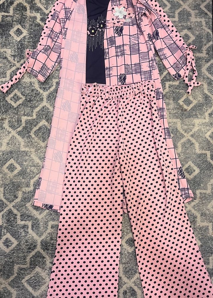 Pink &amp; Navy Polka Dot Kurta Set with Jacket