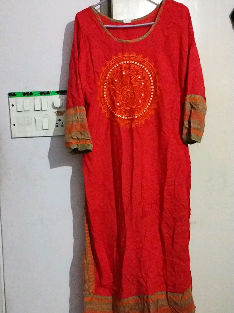 Orange Rayon Embroidered Kurta