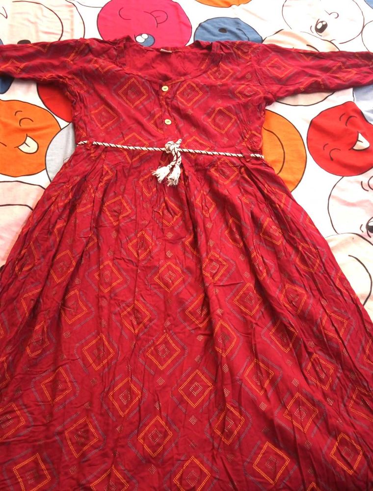 Red Geometric Print Kurta with Tassel Belt