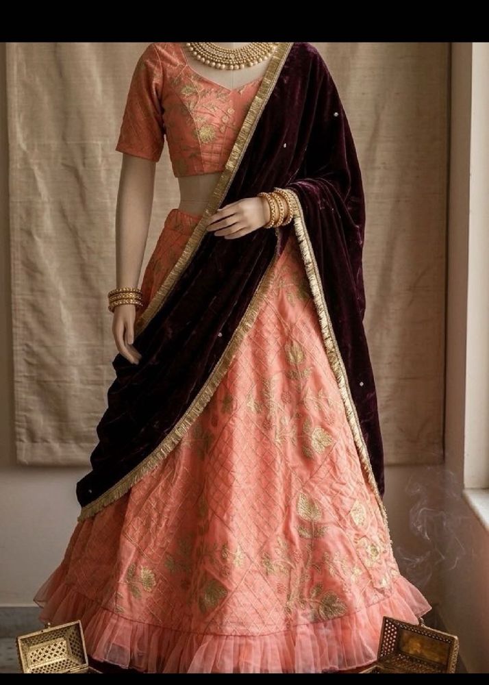 Elegant Peach Lehenga Choli with Velvet Dupatta