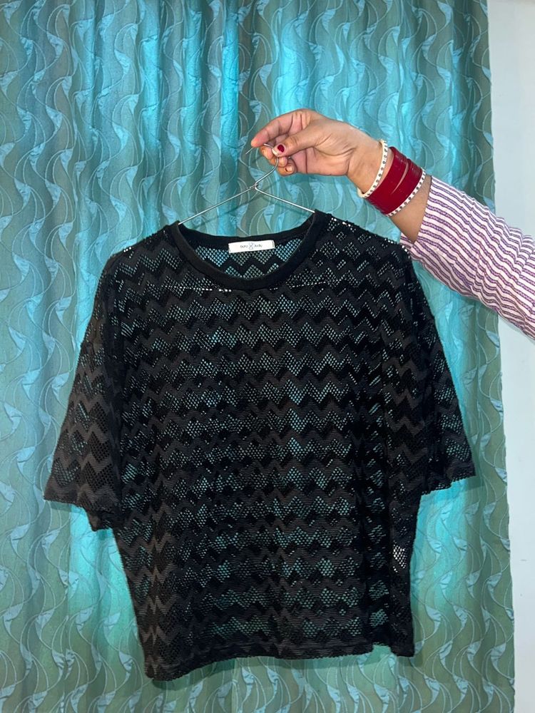 Black Sheer Zigzag Pattern Top
