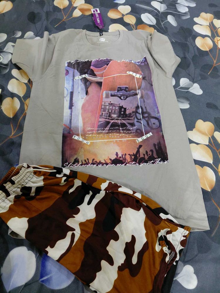 Graphic Print T-Shirt and Camo Shorts Set