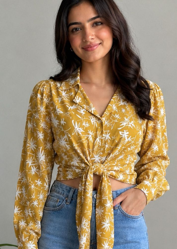Yellow Floral Tie-Front Blouse
