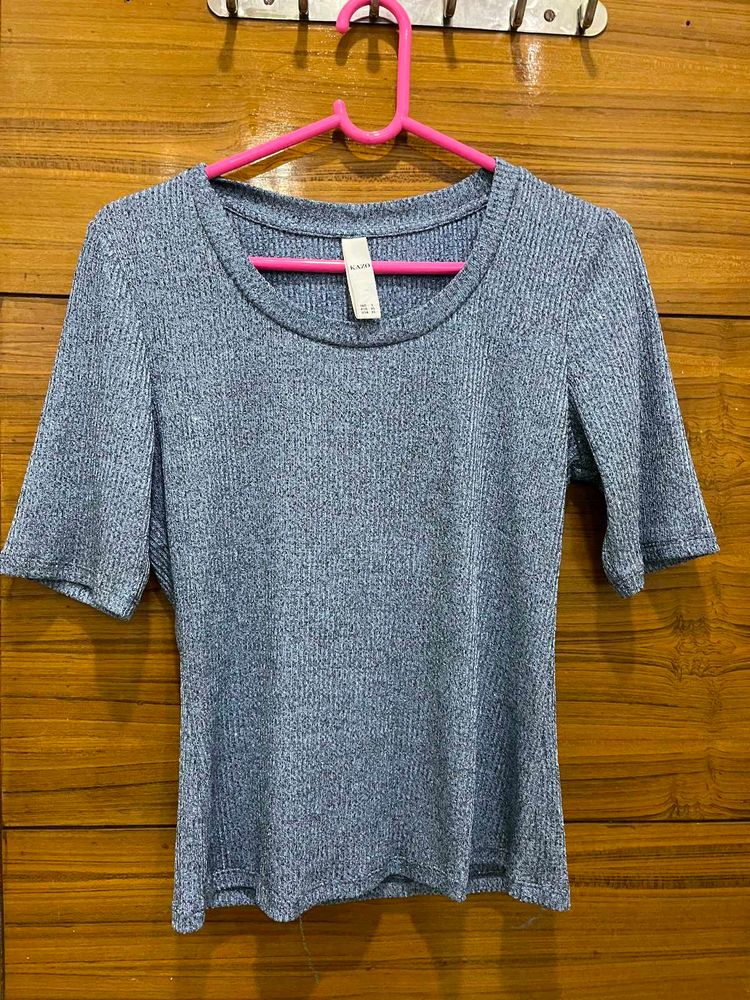 Ribbed Blue Half Sleeve Top