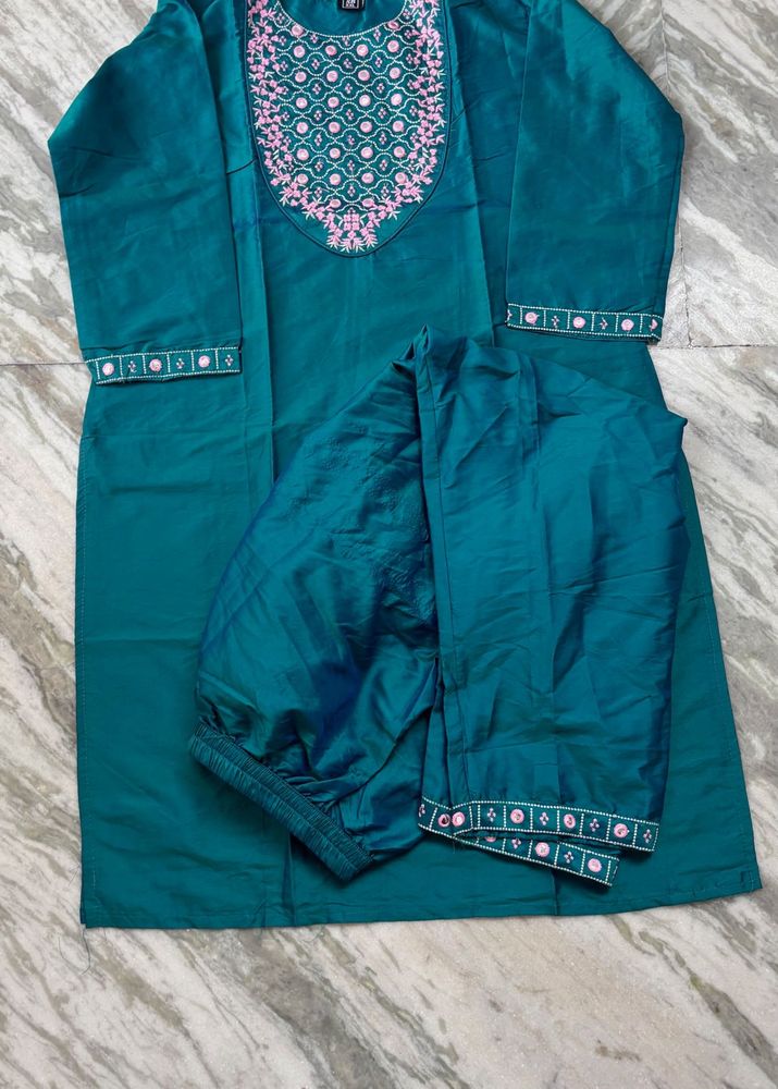 Teal Embroidered Kurta Set with Pants