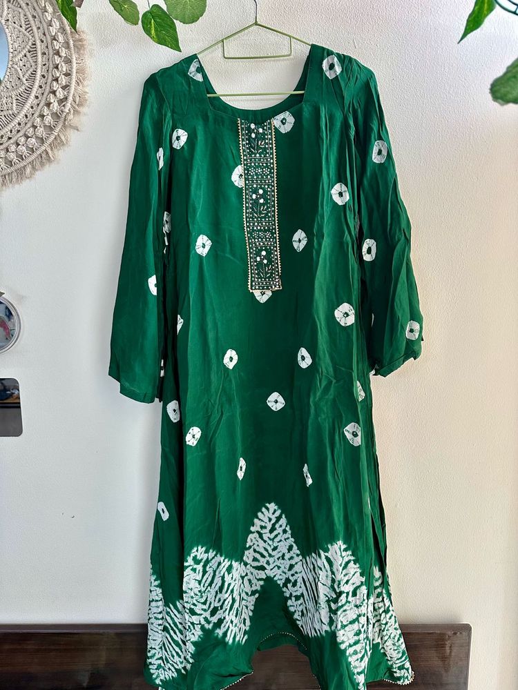 Bottle Green Bandhani Anarkali suit set &amp; palazzo