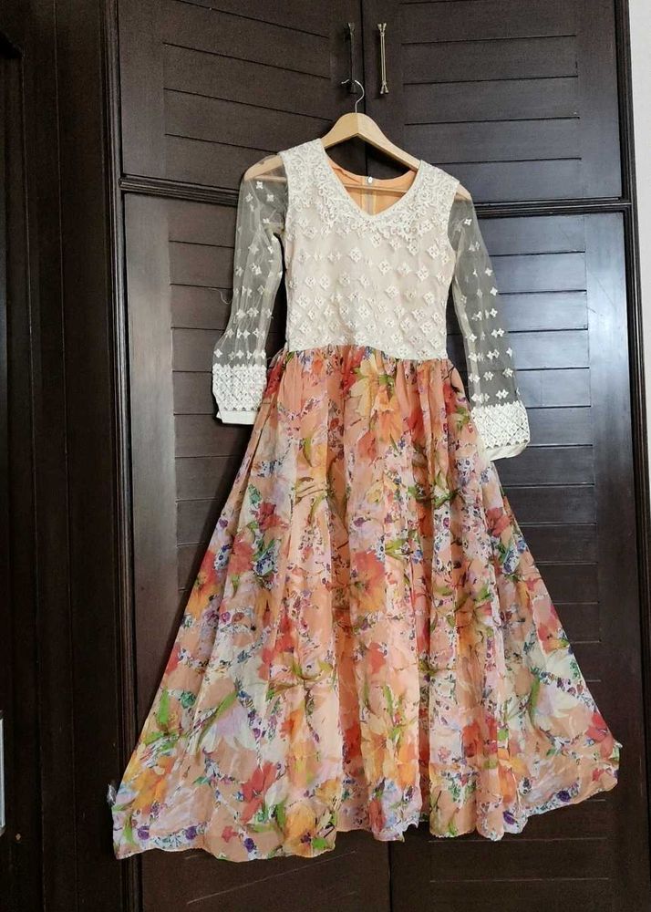 Embroidered Chiffon Net Floral Printed Gown Dress