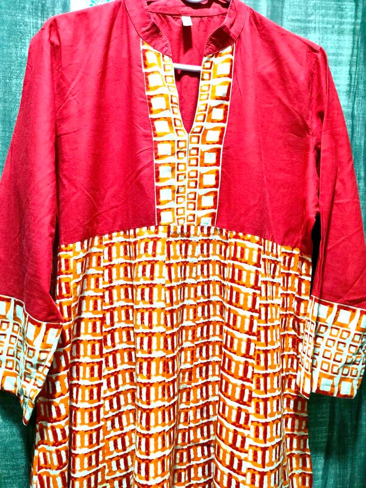 Orange &amp; White Geometric Print Kurta